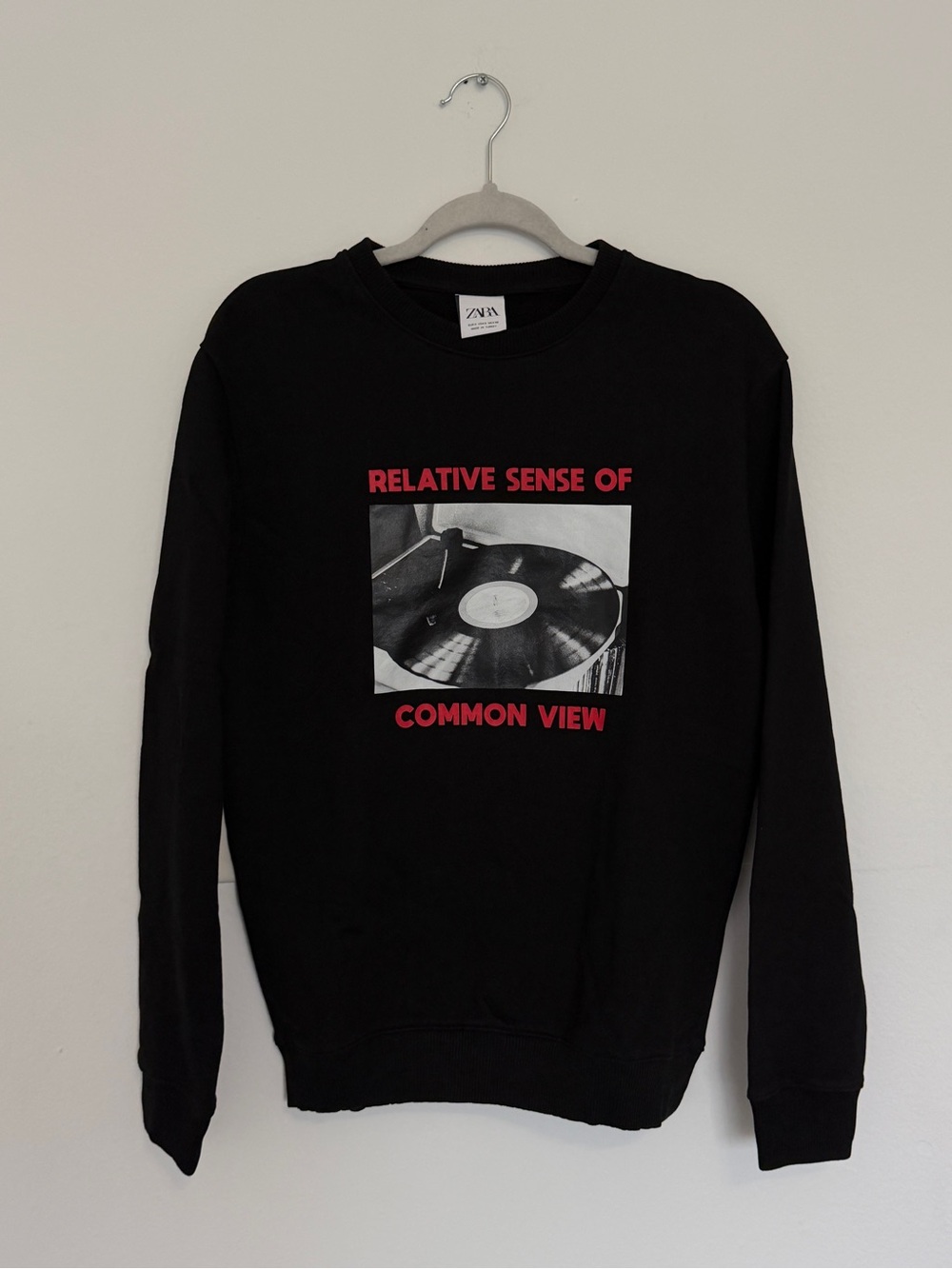 ZARA Black Sweatshirt with Red Text and Record Graphic